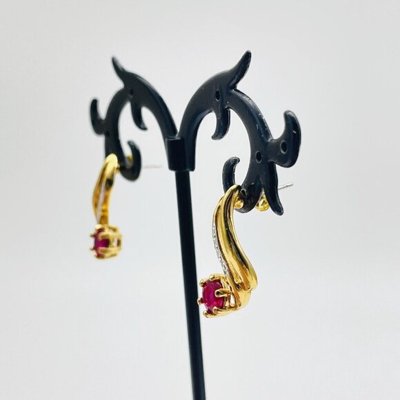 Pink Crystal Drop Earrings Gold Tone Marked 14K PGE S Shape Classic Career LARP - Picture 5 of 8